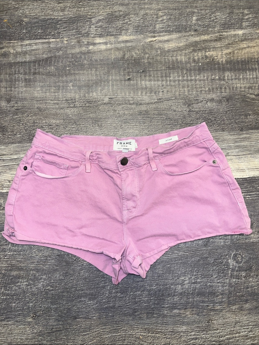 FRAME Le Cutoff Pink Denim Shorts Distressed Raw Hem Size 29